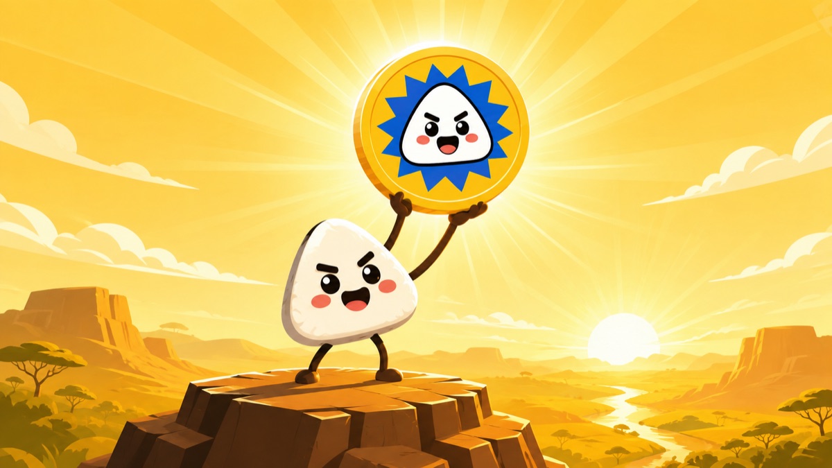 A rice ball standing on a rock at sunrise, holding up a GOHAN coin.