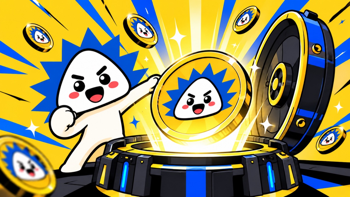 A rice ball shoving a giant glowing GOHAN coin into an open vault while more coins fly past.