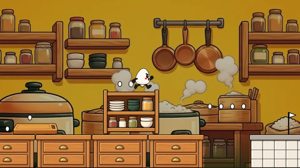 Level 1 · The Kitchen: Everything on the counter is something to climb, and the rice is on top.